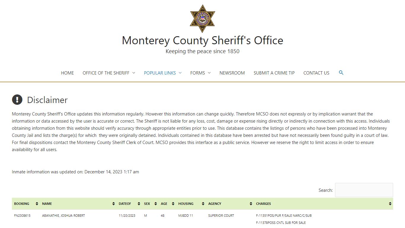 Inmate Information – Monterey County Sheriff's Office